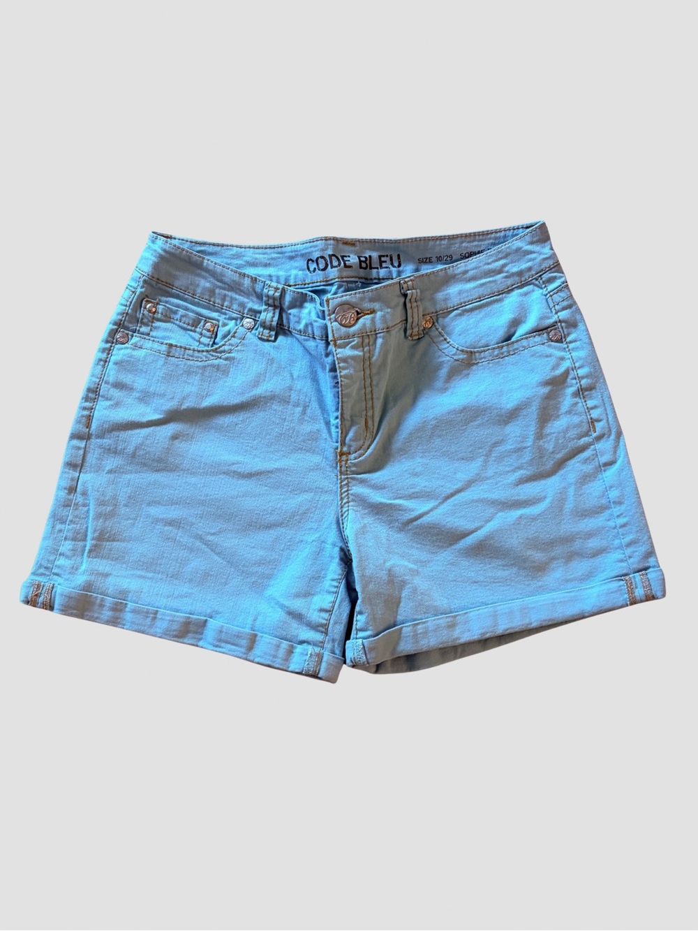 Summer Classic: Light Wash Aqua Blue Stretch Denim Shorts - Double Rolled Cuff